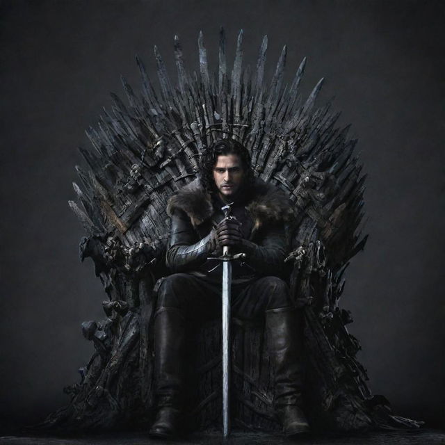 Jon Snow from Game of Thrones, solemn and resolute, seated on the intricate, imposing Iron Throne.