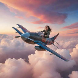 A brave girl flying a fighter plane high in the sky amidst multi-coloured clouds during sunset.