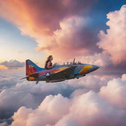 A brave girl flying a fighter plane high in the sky amidst multi-coloured clouds during sunset.