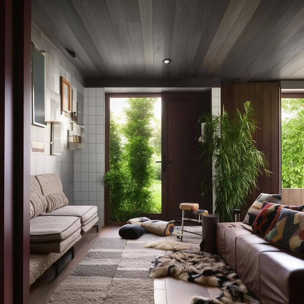 Modern boho-themed living room designed as a socializing den, featuring movable furniture, a cozy reading nook, grey wooden textured tiles, dark grey ceiling, dark brown door, and floor-to-ceiling window, embodying a clean and contemporary look.