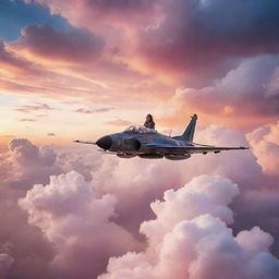 A brave girl flying a fighter plane high in the sky amidst multi-coloured clouds during sunset.