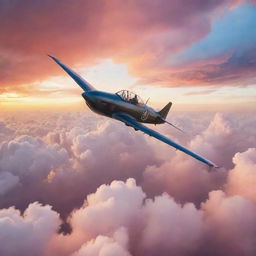 A brave girl flying a fighter plane high in the sky amidst multi-coloured clouds during sunset.