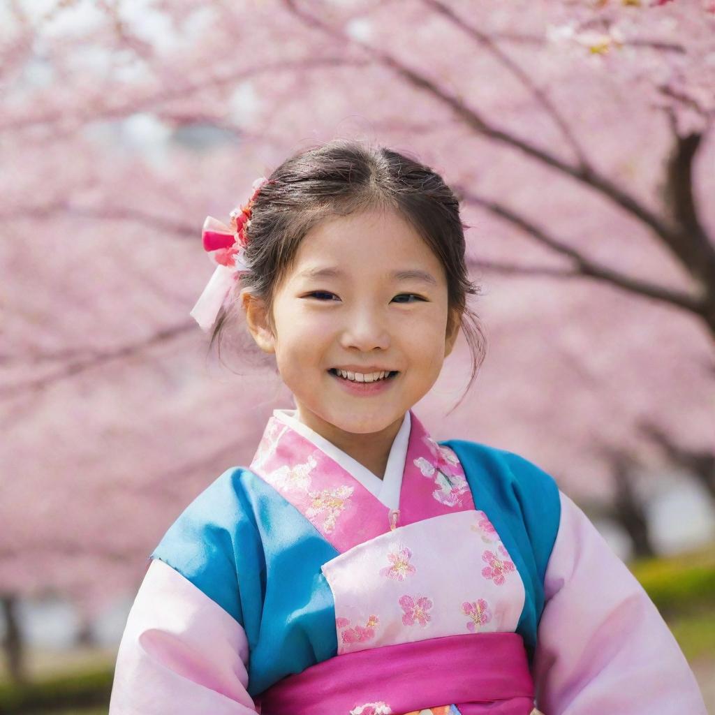 Portrait of a small Korean girl, dressed in a colourful Hanbok, smiling brightly against a backdrop of cherry blossom trees.