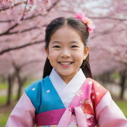 Portrait of a small Korean girl, dressed in a colourful Hanbok, smiling brightly against a backdrop of cherry blossom trees.