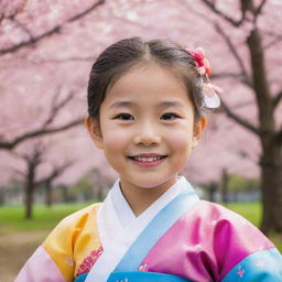 Portrait of a small Korean girl, dressed in a colourful Hanbok, smiling brightly against a backdrop of cherry blossom trees.