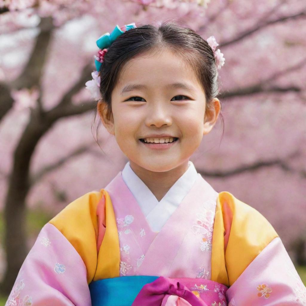 Portrait of a small Korean girl, dressed in a colourful Hanbok, smiling brightly against a backdrop of cherry blossom trees.