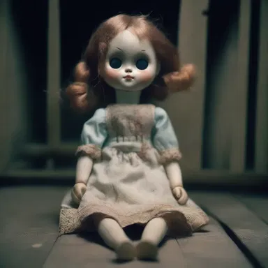 In the dark attic, the doll's eyes suddenly opened, and it hovered towards the terrified girl while its baste stitches came undone, revealing its true form.