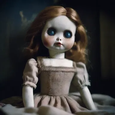 In the dark attic, the doll's eyes suddenly opened, and it hovered towards the terrified girl while its baste stitches came undone, revealing its true form.