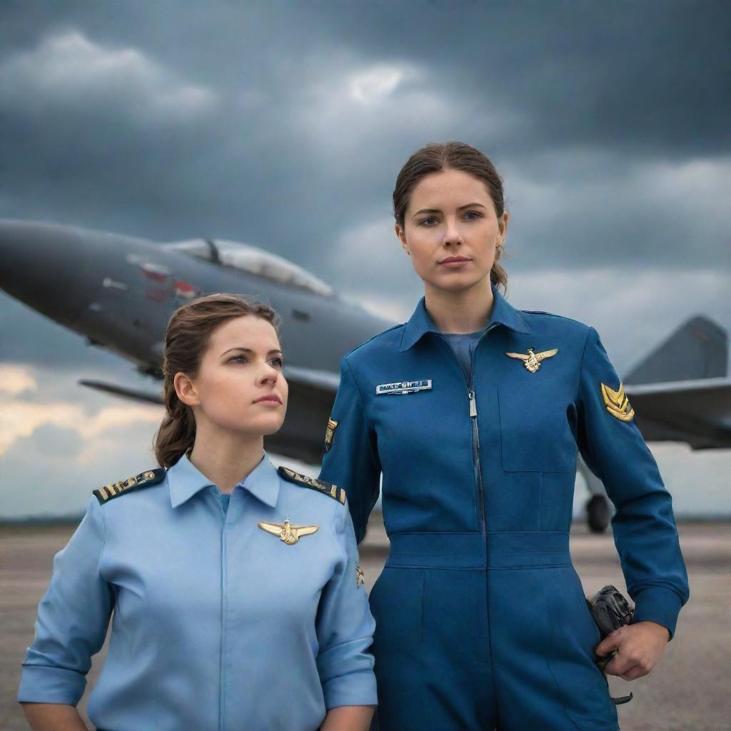 A heroic fighter pilot standing side by side with a confident, industrious NDA girl, both in their respective uniforms, set against a dramatic sky and aviation background.