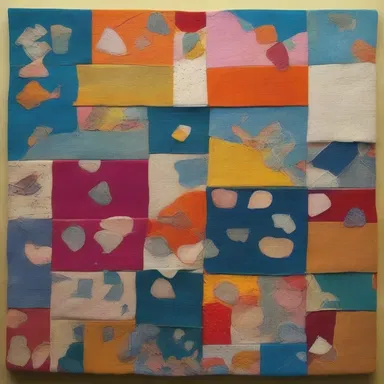 The artist used a basting technique to loosely sew different pieces of fabric together in her textile artwork.