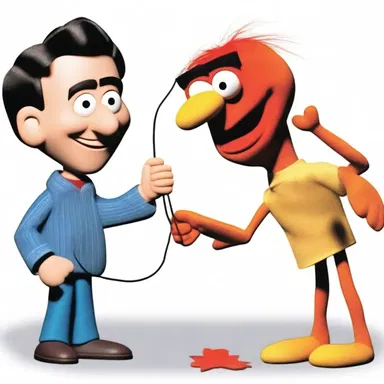 In the cartoon, the character clumsily baste a puppet together, resulting in a funny-looking creation.