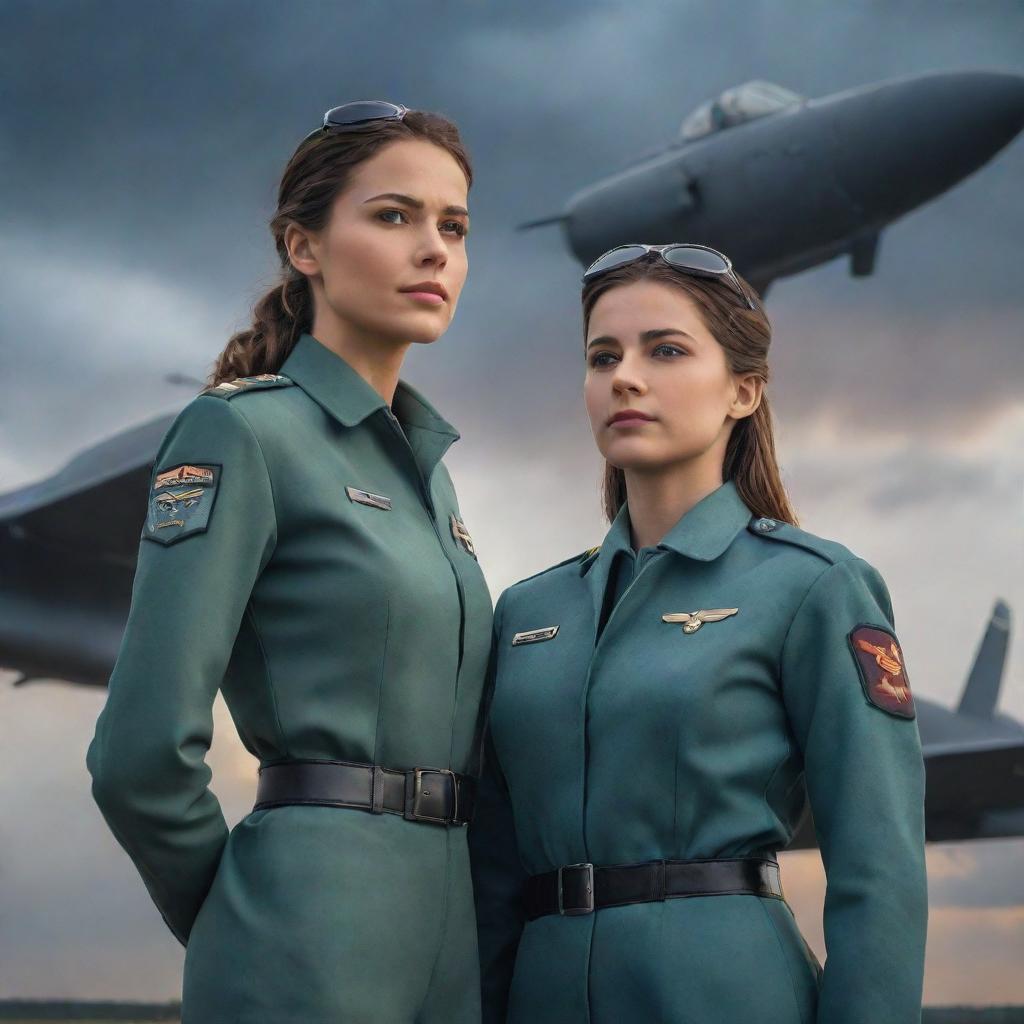 A heroic fighter pilot standing side by side with a confident, industrious NDA girl, both in their respective uniforms, set against a dramatic sky and aviation background.