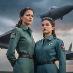 A heroic fighter pilot standing side by side with a confident, industrious NDA girl, both in their respective uniforms, set against a dramatic sky and aviation background.