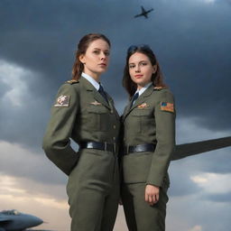 A heroic fighter pilot standing side by side with a confident, industrious NDA girl, both in their respective uniforms, set against a dramatic sky and aviation background.