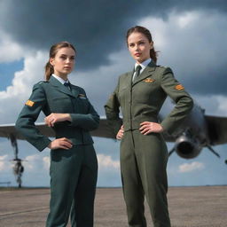 A heroic fighter pilot standing side by side with a confident, industrious NDA girl, both in their respective uniforms, set against a dramatic sky and aviation background.