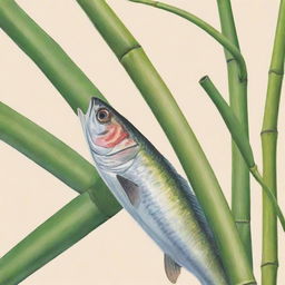 A vibrant illustration showing a bamboo stalk alongside a milkfish, all in an Asian style setting.