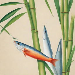 A vibrant illustration showing a bamboo stalk alongside a milkfish, all in an Asian style setting.