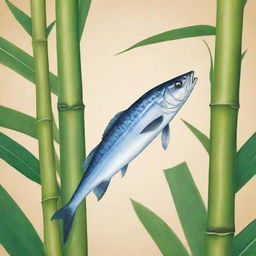 A vibrant illustration showing a bamboo stalk alongside a milkfish, all in an Asian style setting.