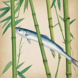 A vibrant illustration showing a bamboo stalk alongside a milkfish, all in an Asian style setting.