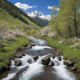 An idyllic spring mountain landscape with flowering trees, melting snow, a babbling river, and vibrant green foliage.