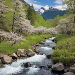 An idyllic spring mountain landscape with flowering trees, melting snow, a babbling river, and vibrant green foliage.