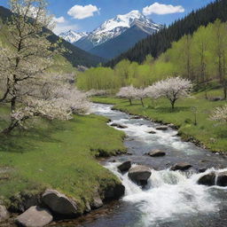 An idyllic spring mountain landscape with flowering trees, melting snow, a babbling river, and vibrant green foliage.