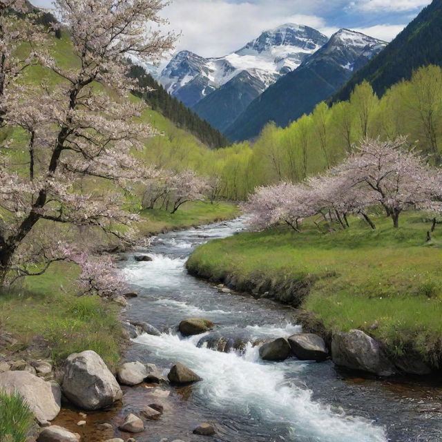 An idyllic spring mountain landscape with flowering trees, melting snow, a babbling river, and vibrant green foliage.