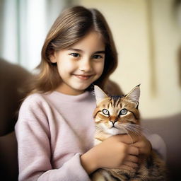 A heartwarming image of a young girl holding a fluffy domestic cat