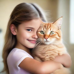 A heartwarming image of a young girl holding a fluffy domestic cat