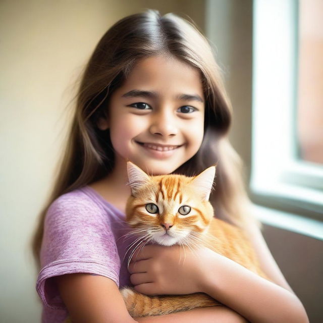 A heartwarming image of a young girl holding a fluffy domestic cat