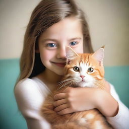 A heartwarming image of a young girl holding a fluffy domestic cat