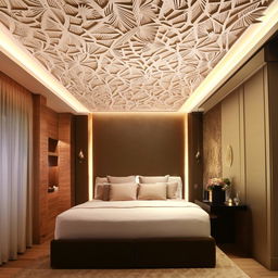 Luxurious 13x9 bedroom with an intricate fall ceiling design, rich textures and ambient lighting.