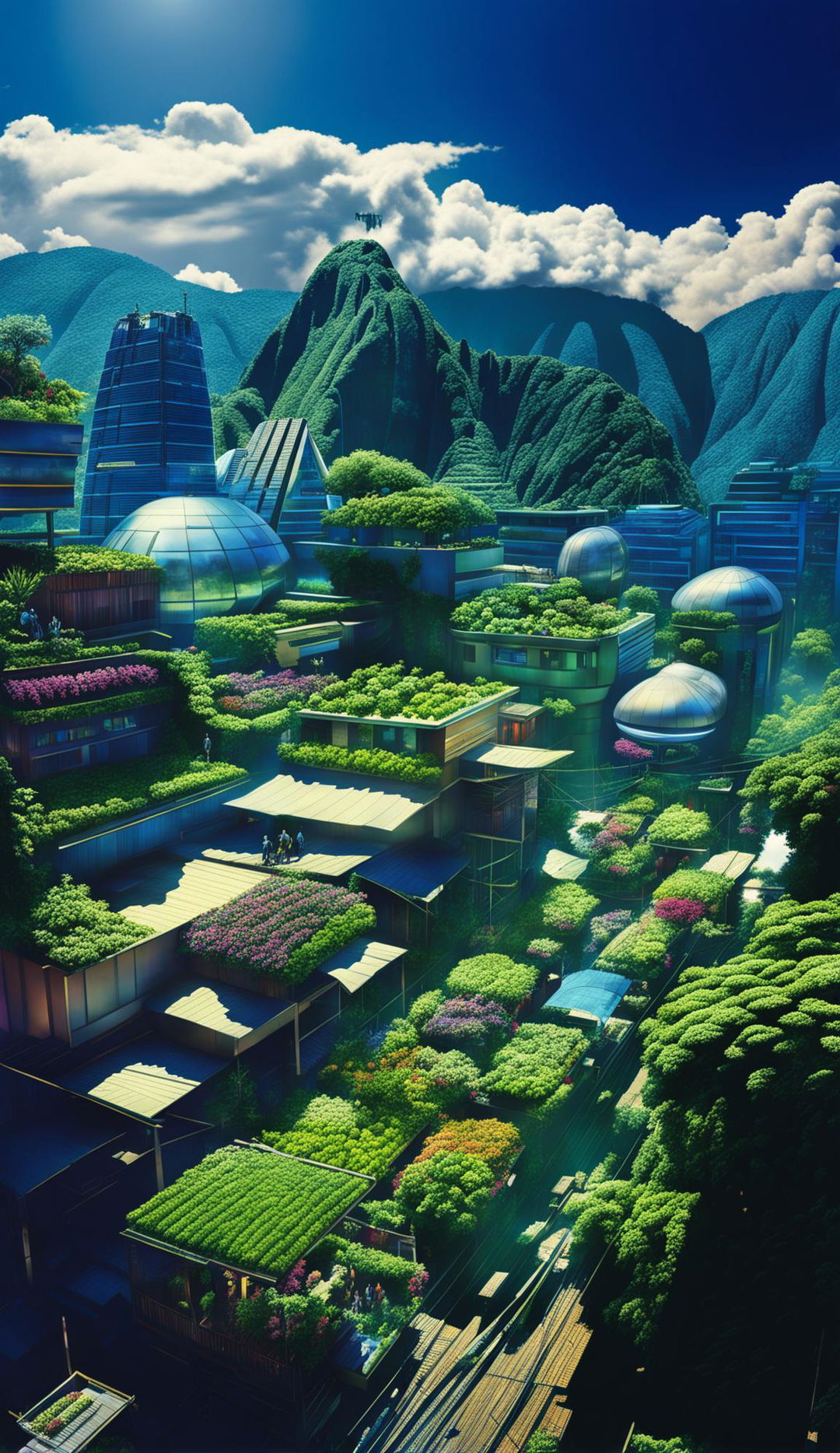 Futuristic Peru in 5000 AD with towering skyscrapers adorned with vertical gardens, hovering vehicles, renewable energy sources, preserved Machu Picchu in a climate-controlled dome, bustling market with holographic vendors, protected Amazon Rainforest monitored by drones, clean Pacific Ocean with floating farms and underwater habitats.