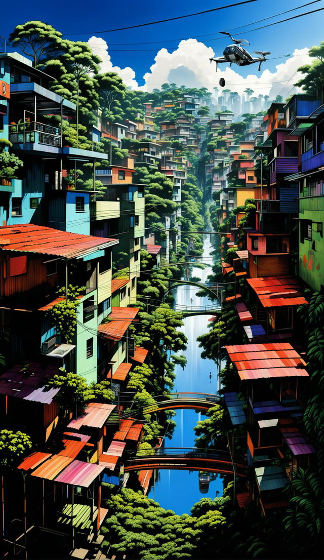 Futuristic Brazil with advanced favelas, solar-paneled rooftops, vertical gardens, drone delivery services, 3D-printed houses, vibrant street art, cable cars for transportation, and a revitalized Amazon Rainforest with wildlife monitoring drones.