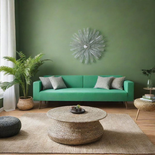 A living room furnished with items made from recycled plastic, radiating a green, environmentally friendly ambiance.