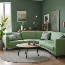 A living room furnished with items made from recycled plastic, radiating a green, environmentally friendly ambiance.