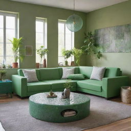 A living room furnished with items made from recycled plastic, radiating a green, environmentally friendly ambiance.