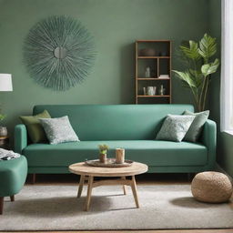 A living room furnished with items made from recycled plastic, radiating a green, environmentally friendly ambiance.