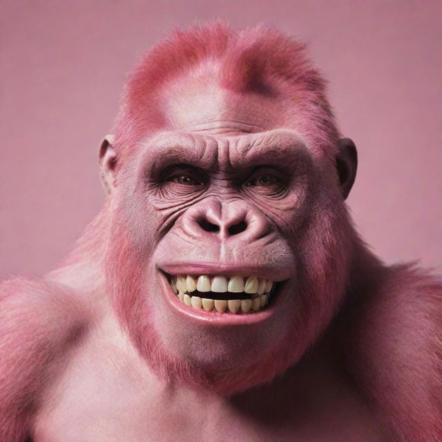 Generate an image of a pink gorilla with an exaggerated, unsettling ear to ear smile reminiscent of the Joker.