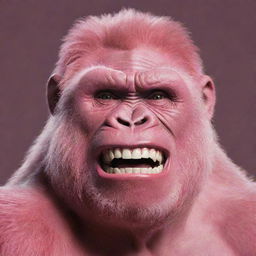 Generate an image of a pink gorilla with an exaggerated, unsettling ear to ear smile reminiscent of the Joker.