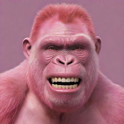 Generate an image of a pink gorilla with an exaggerated, unsettling ear to ear smile reminiscent of the Joker.