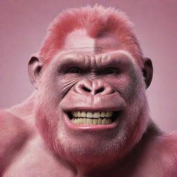 Generate an image of a pink gorilla with an exaggerated, unsettling ear to ear smile reminiscent of the Joker.