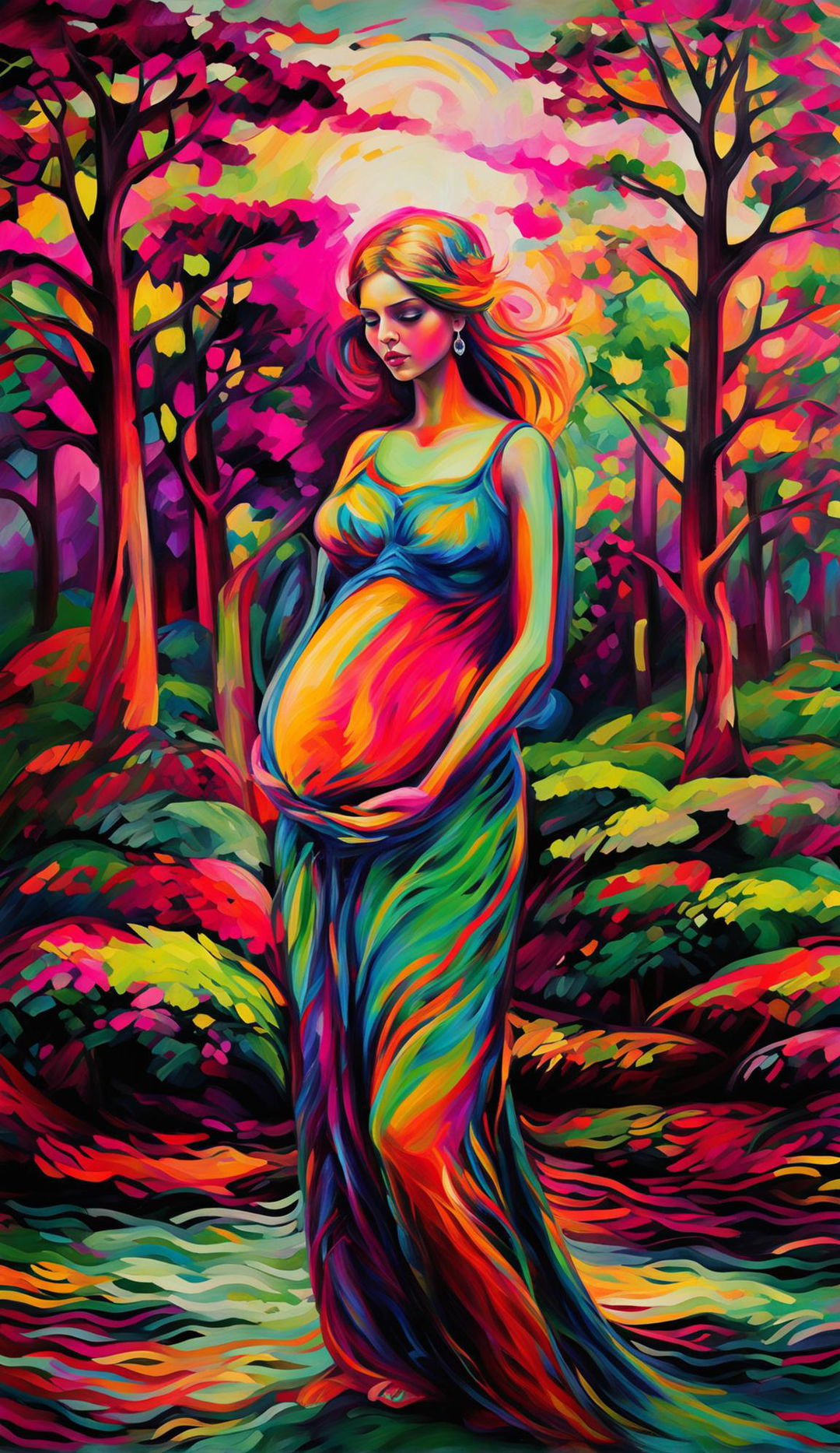 A Fauvist-style painting featuring a pregnant woman standing in a vibrant naturescape. Her body is rendered in bold colors, with her belly a radiant yellow. The surrounding landscape is depicted in a riot of colors, with the sky a swirl of pinks and purples, trees in various shades of green, and the ground a patchwork of earthy tones and bright reds and oranges.