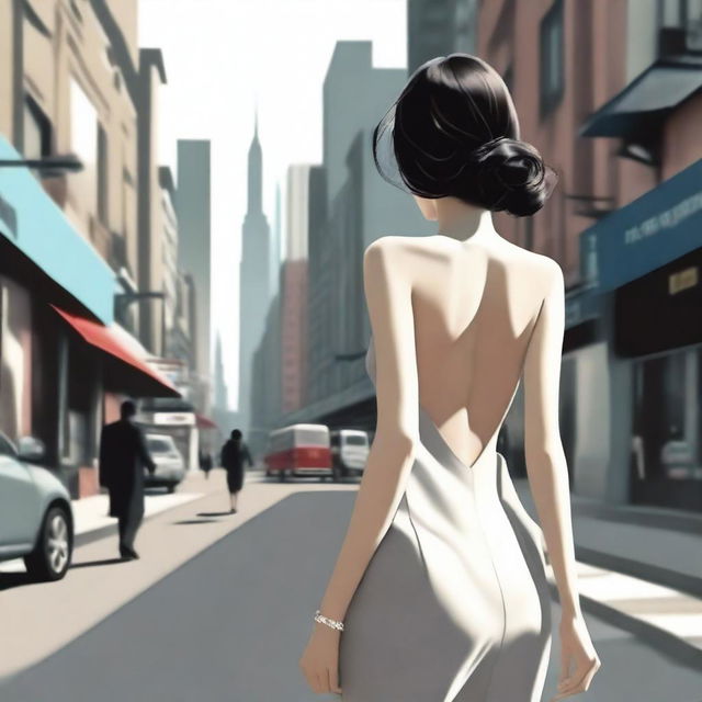 A high-quality digital art depiction of an elegant Korean woman strolling down a city street, her slender figure and stylish attire showcased from a rear perspective