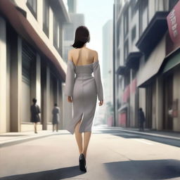 A high-quality digital art depiction of an elegant Korean woman strolling down a city street, her slender figure and stylish attire showcased from a rear perspective