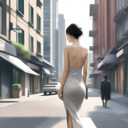 A high-quality digital art depiction of an elegant Korean woman strolling down a city street, her slender figure and stylish attire showcased from a rear perspective