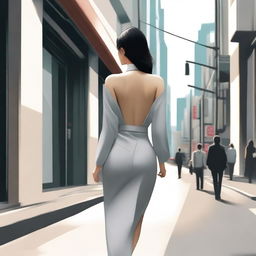 A high-quality digital art depiction of an elegant Korean woman strolling down a city street, her slender figure and stylish attire showcased from a rear perspective