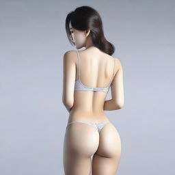 A high-resolution, realistic digital art image showcasing a Korean woman dressed in a bra and shorts, her alluring back in clear view