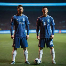 A futuristic hybrid of football players Messi and Ronaldo, standing confidently on a neon-lit soccer field in the evening.