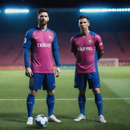 A futuristic hybrid of football players Messi and Ronaldo, standing confidently on a neon-lit soccer field in the evening.